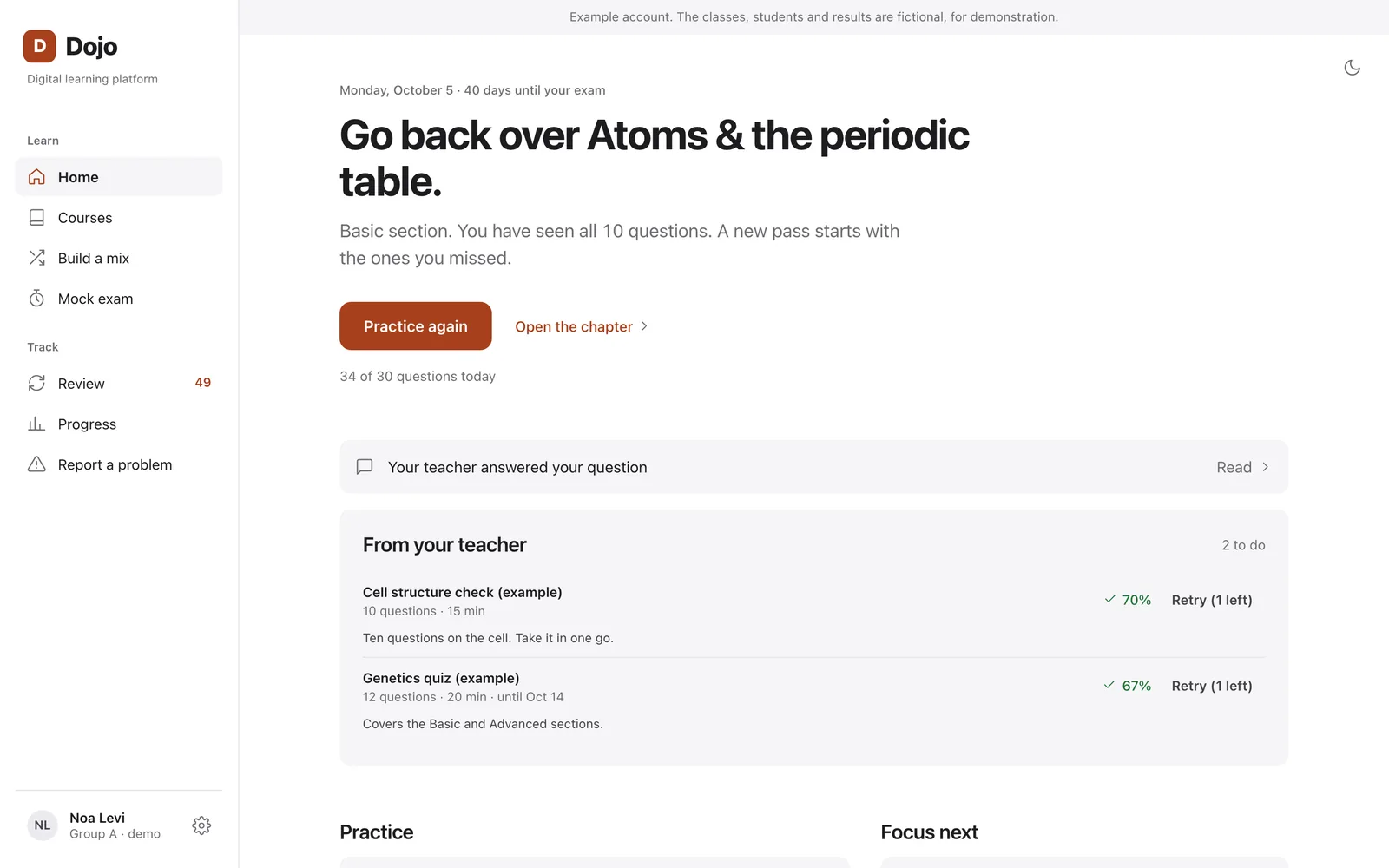 A student's home page in Dojo: the next chapter to go over, today's progress and the quizzes set by the teacher.